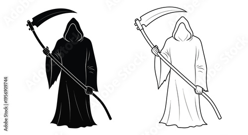 Two depictions of grim reapers with scythes contrasting black and white silhouette