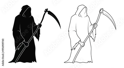 Grim reaper figures contrasting forms black and white illustration distinct silhouette