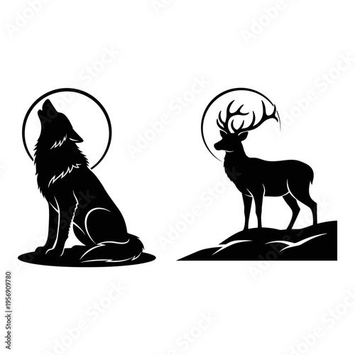 Contrasting silhouettes of a howling wolf and a standing deer under a moon. Vector, illustration