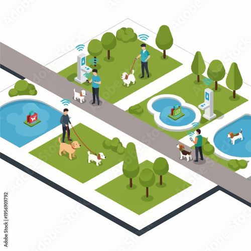 Smart City Dog Park with Technology and People.