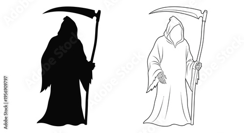 Two depictions of grim reaper figures with scythes a stark black silhouette