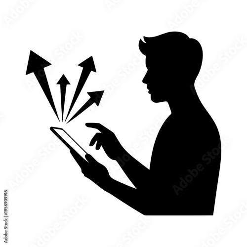 Clean black and white silhouette vector icon of a person holding a tablet, representing technology and communication.