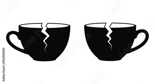 Two broken coffee cups displayed side by side in stark contrast silhouette