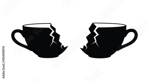 Two broken coffee cups depicted in a striking black silhouette