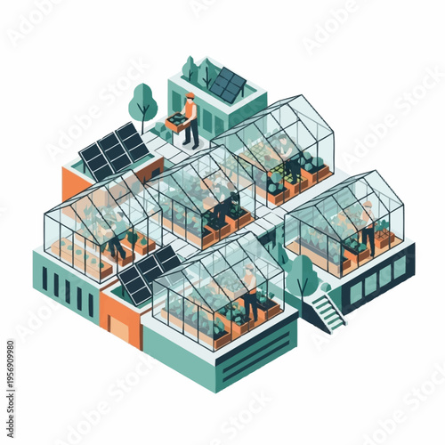Sustainable Urban Farming Greenhouse Complex with Solar Power.