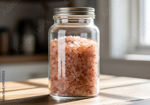 Glass jar filled with pink Himalayan salt on wooden table  