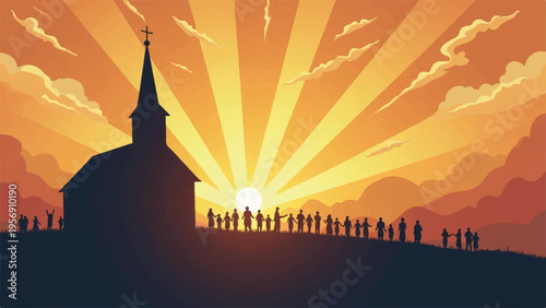 Vector silhouette church at sunset with people