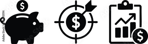 Personal Finance and Wealth Management Icon Set, Financial Goal Achievement and Savings Symbols, Minimalist Investment Strategy and Growth Graphics.