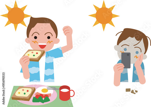 日本の小学生の朝食。バランスの良い洋食とクッキーだけの男の子ののイラスト。