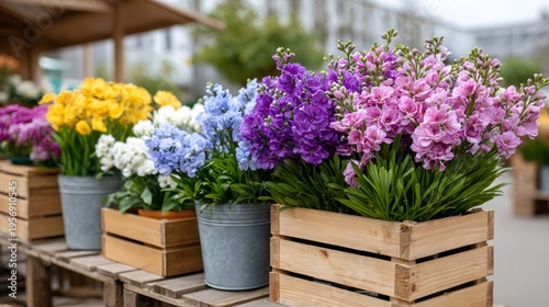 Colorful stock flowers blooming at flower market stall