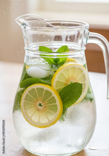 Refreshing lemonade with mint and ice in a glass pitcher  