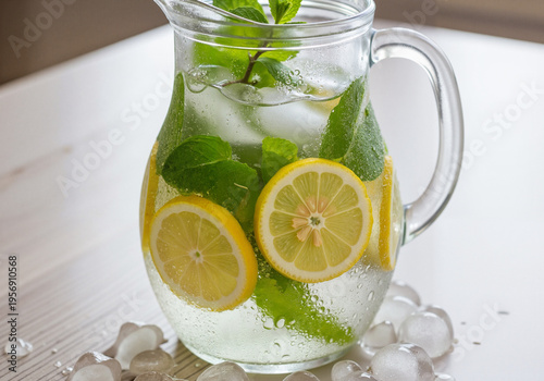 Refreshing lemonade with mint leaves and ice in glass pitcher  