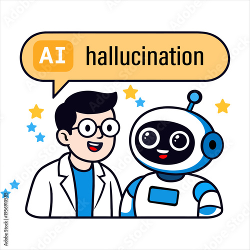 AI hallucination concept showing a scientist and friendly robot discussing artificial intelligence errors. Modern flat vector illustration for technology, machine learning, and AI education.