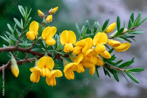 Yellow gorse flowers blooming on green shrub branch