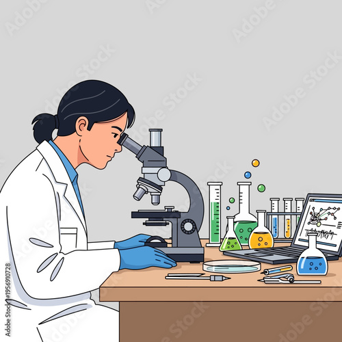 Scientist examining sample under microscope in modern laboratory with equipment and laptop