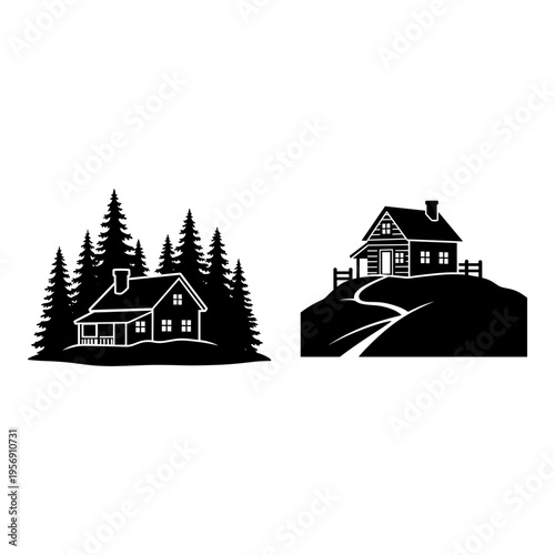 Two distinct cabins set in contrasting forest and hillside environments Vector, illustration