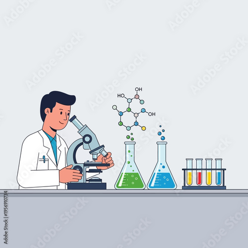 Scientist looking through microscope with chemical formulas and lab equipment