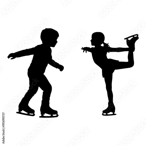 Two ice skaters demonstrating different skating poses on the rink Vector, illustration