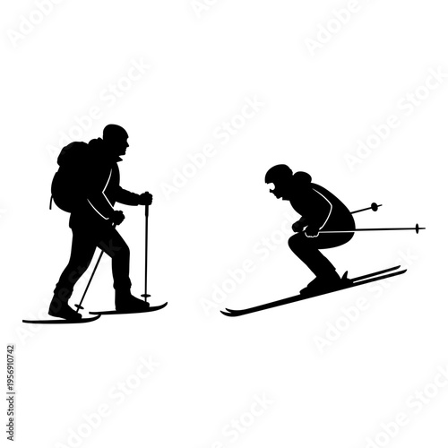 Two distinct skiing techniques illustrated by silhouettes of skiers in motion Vector, illustration