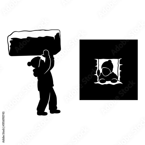 Person carrying a large, heavy load with a silhouette of a burdened individual in a cage Vector, illustration