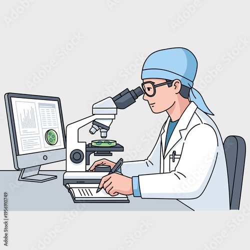 Scientist examining sample under microscope next to computer in laboratory