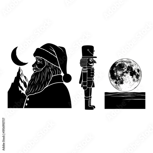 Whimsical trio of winter characters under the moonlit sky Vector, illustration