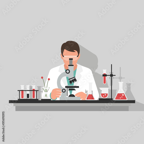 Scientist in lab coat using microscope, surrounded by lab equipment and red liquid