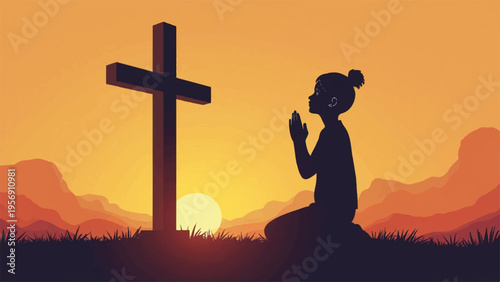 Silhouette of woman praying beside cross at sunset vector