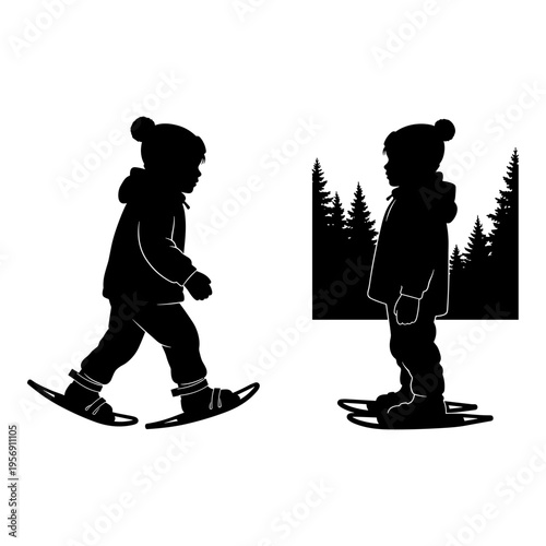 Child enjoying winter snowshoeing through a forest Vector, illustration