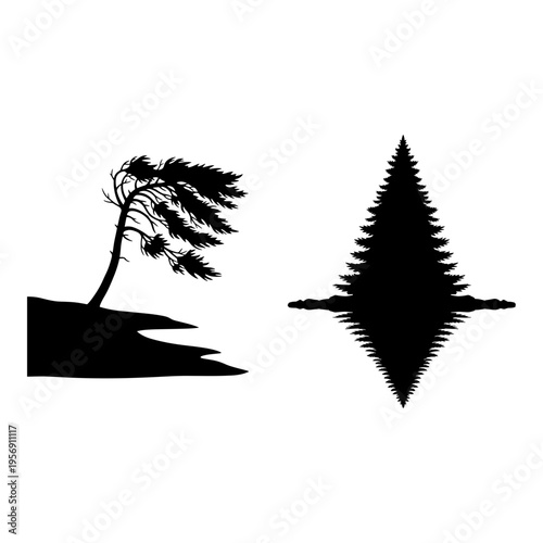 Silhouettes of a bent tree by the water and a tall evergreen mountain tree against a plain backdrop Vector, illustration