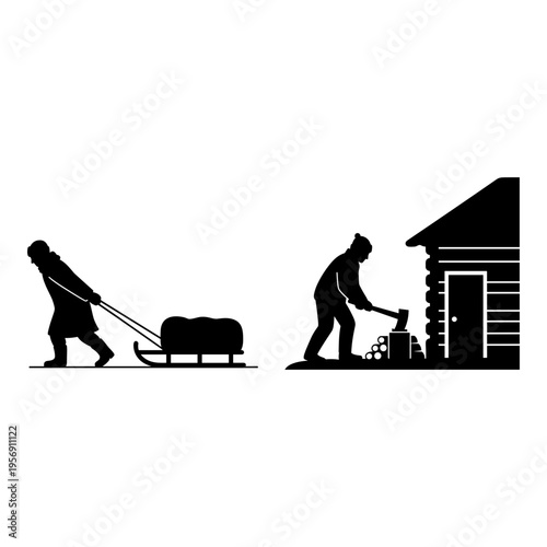 Two pioneers engaging in winter chores and household tasks near a log cabin. Vector, illustration