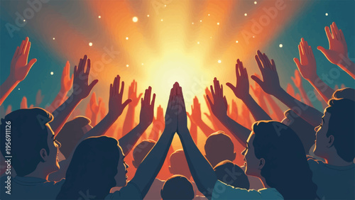 Vector illustration of people cheering with hands up in celebration