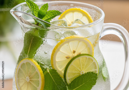 Refreshing lemonade pitcher with mint and ice on wooden table  
