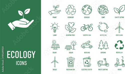 Ecology and environmental icon set in flat outline style featuring recycling renewable energy sustainability and green lifestyle concepts for eco design