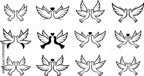 Line Art Dove Bird Collection with Flying Love Bird Pairs and Heart Symbols for Wedding Invitations Romantic Designs and Vector Illustration Set