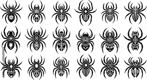 Ornamental Spider Silhouette Collection with Tribal Geometric Patterns Abstract Arachnid Icons Set for Tattoo Design Halloween Decoration and Vector Graphic Elements