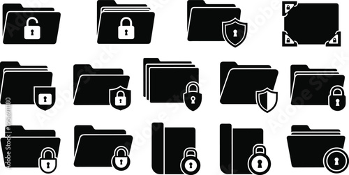 Secure File and Folder Icon Collection with Lock and Shield Symbols for Data Protection Privacy Storage Security System and Vector Illustration Set