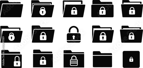 Secure Folder Icon Set with Lock Symbols for Data Protection Privacy File Storage Security System and Digital Information Safety Vector Illustration