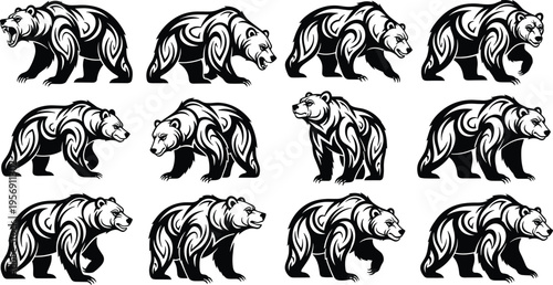 Bear Silhouette Collection with Tribal Style Wild Animal Illustrations for Mascot Logo Design Wildlife Graphics and Powerful Vector Illustration Set