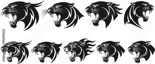 Black Panther Head Mascot Silhouette Collection with Fierce Roaring Wild Cat Faces for Sports Logo Branding Tattoo Design and Vector Illustration Set