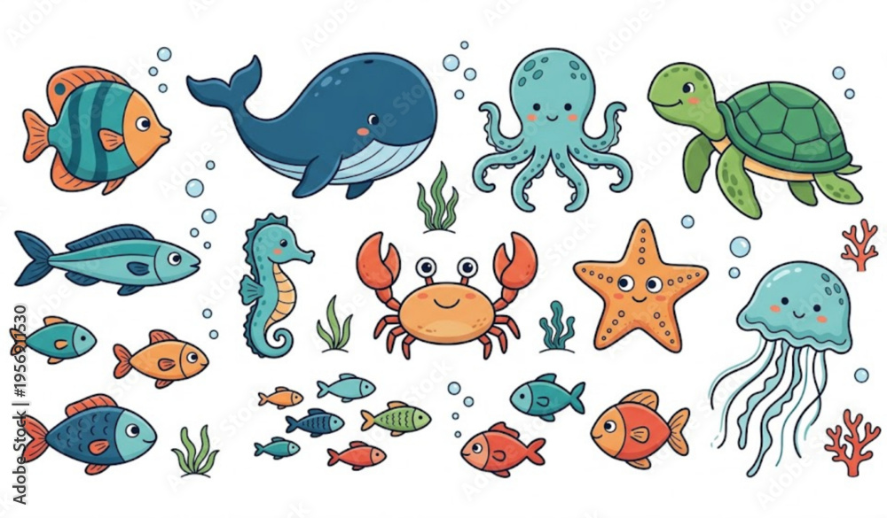Fototapeta premium Hand Drawn Sea Life Doodle Set with Marine Animals Cartoon Vector Collection