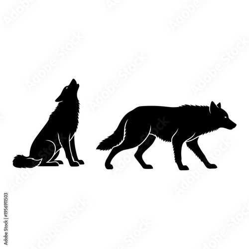 Silhouettes of a sitting and a walking wolf in contrasting poses Vector, illustration