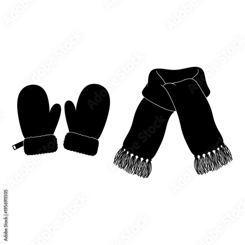 Black knitted winter accessories including mittens and scarf with fringe. Vector, illustration