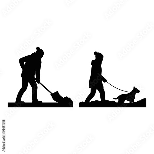 Contrast of daily chores and leisurely walks with a dog in silhouette art Vector, illustration