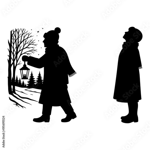 Two silhouettes walking in a wintery, lantern-lit forest scene at dusk Vector, illustration