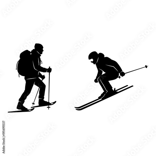 Two individuals engaging in winter sports with skis and ski poles Vector, illustration