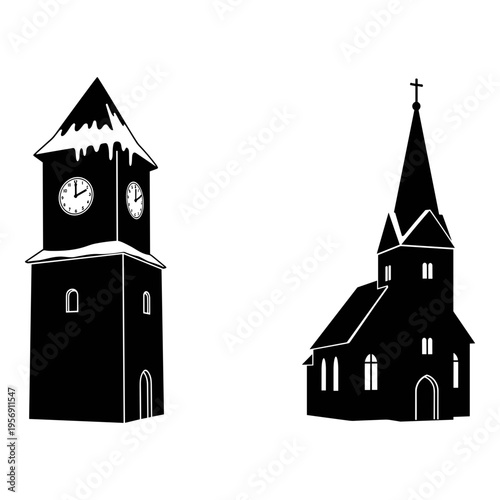 Silhouette of a church and a clock tower in a wintery setting Vector, illustration