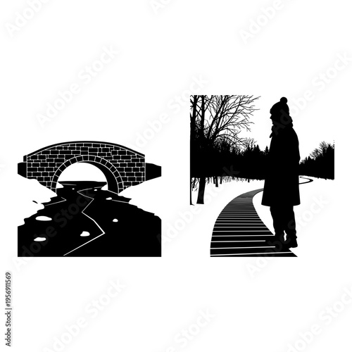 Silhouettes of a bridge and a person walking along a pathway at dusk Vector, illustration