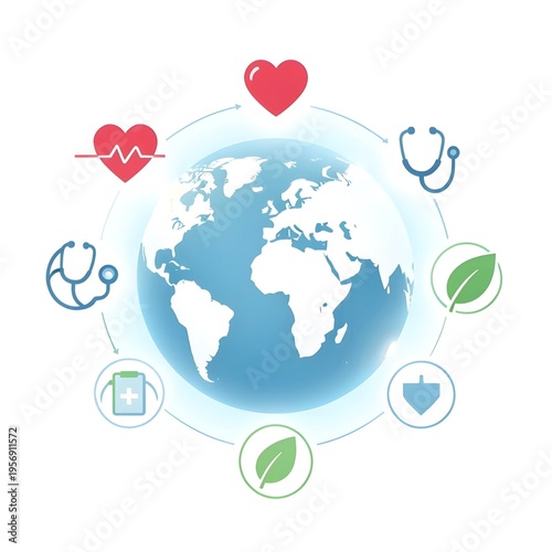 A blue globe surrounded by medical and health symbols representing global healthcare and wellness.