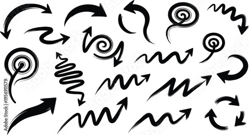 Brush Stroke Arrow Collection with Curved Spiral and Zigzag Directional Symbols Hand Drawn Arrows Set for Infographic Design and Vector Illustration